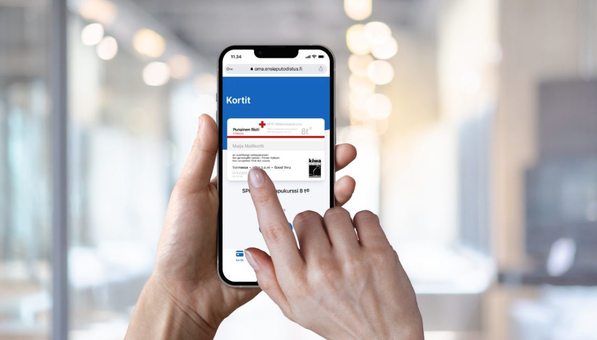 SPR Ensiapukoulutus mobiilikortti kulkee aina mukanasi ja on helppo esittää tarvittaessa esimerkiksi puhelimen näytöltä.