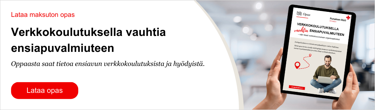 Banneri, josta klikkaamalla pääsee lataamaan maksuttoman oppaan nimeltä Verkkokoulutuksella vauhtia ensiapuvalmiuteen.