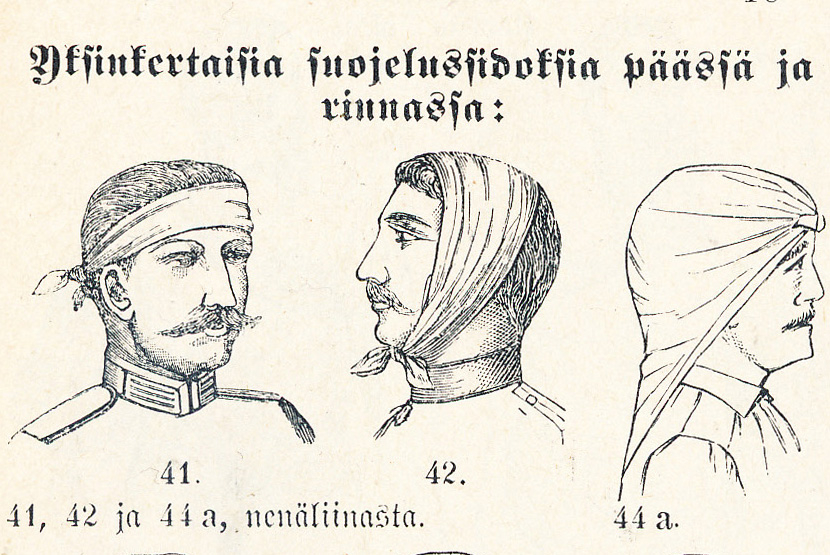 Kuva 1800-luvun ensiapuoppaasta. Erilaisia pään sidontoja.