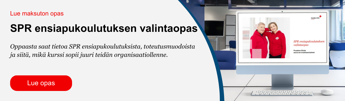 Banneri, josta klikkaamalla pääsee lukemaan maksuttoman oppaan nimeltä SPR ensiapukoulutuksen valintaopas.